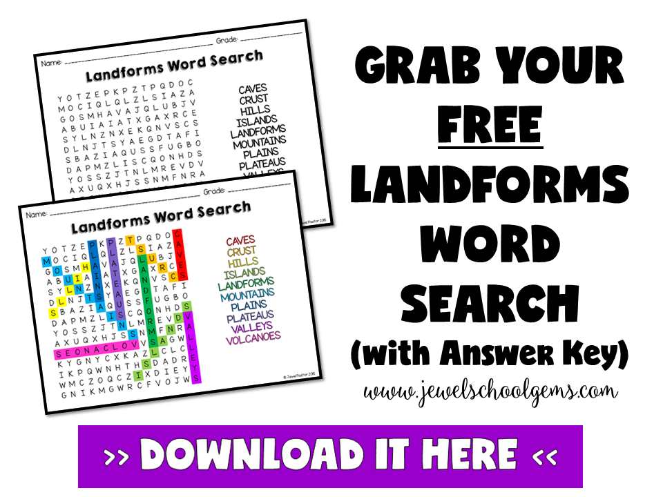 How to Teach Landforms for Kids by Jewel Pastor of Jewel's School Gems | Are you teaching landforms for kids? Read about several ideas and resources you can use to teach landforms. Grab a FREE landforms word search as well!